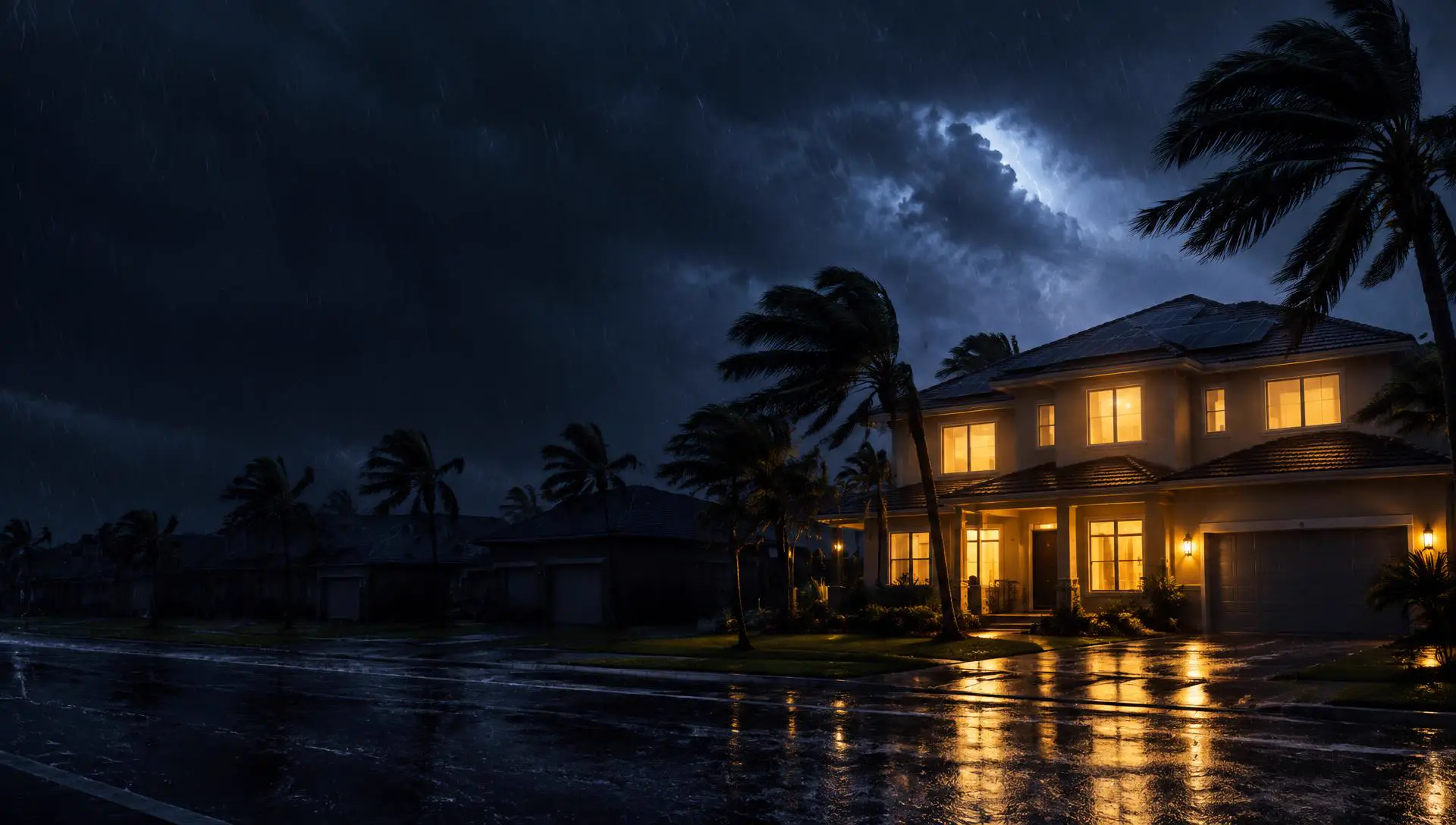 Solar-powered Florida home beneath a storm at night